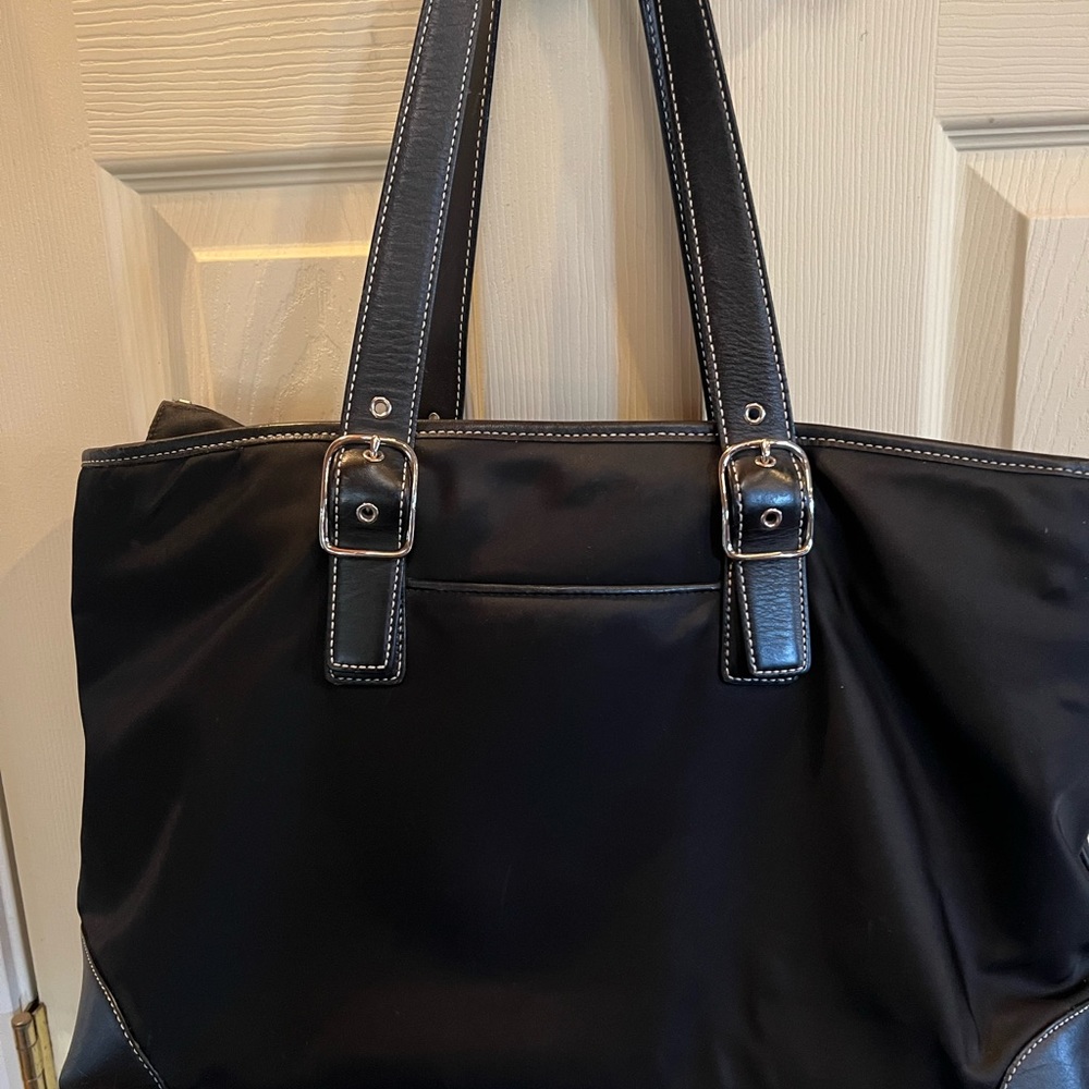 Coach Nylon Black Tote Leather Trim Shoulder Logo Purse Work Travel - Picture 6 of 16